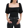 Marcella Alana Mixed Media Puff Sleeve Top In Black