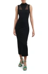 Marcella Amelia Ponte & Mesh Funnel Neck Midi Dress In Black