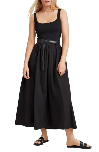 Marcella Clara Belted Ponte & Cotton Midi A-line Dress In Black