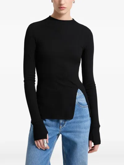 Marcella Clover Ribbed Thumbhole-sleeve Top In Black