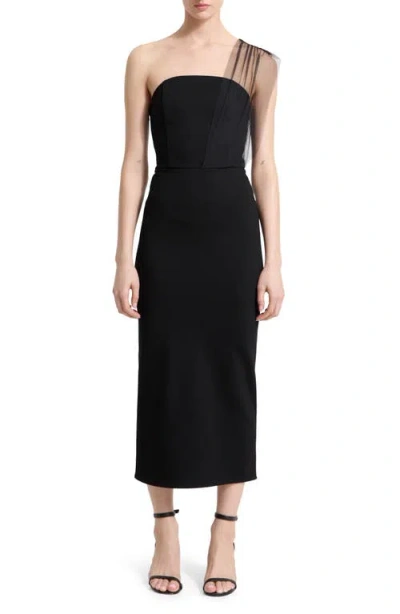 Marcella Dianne Strapless Sheath Dress With Removable Mesh Scarf In Black