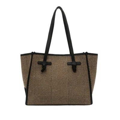 Marcella Houndstooth Wool Tote Bag With Leather Trim In Gray
