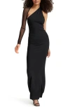 MARCELLA MANHATTAN MESH SLEEVE ONE-SHOULDER GOWN