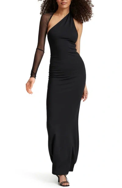 Marcella Manhattan Mesh Sleeve One-shoulder Gown In Black