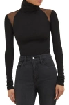 Marcella Maria Mesh Panel Jersey Turtleneck Top In Black