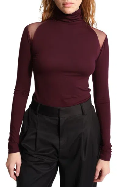 Marcella Maria Sheer Shoulder Turtleneck Top In Burgundy