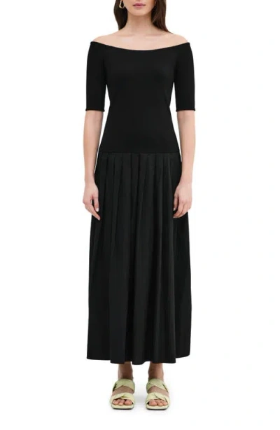 Marcella Mila Off The Shoulder Mixed Media Maxi Dress In Black
