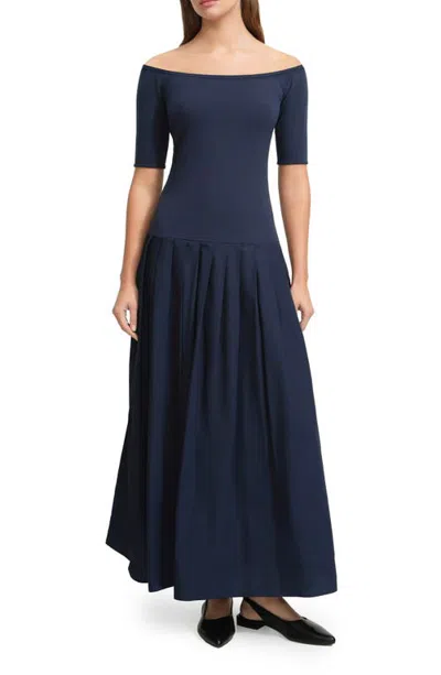 Marcella Mila Off The Shoulder Pleated Drop Waist Dress In Blue