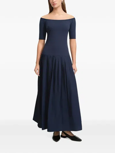 Marcella Mila Off-shoulder Pleated Maxi Dress In Blue