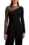 Marcella Milo Long Sleeve Mesh & Jersey Top In Black