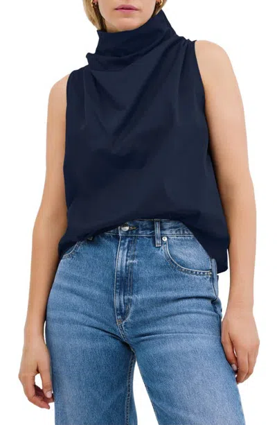 Marcella Minna Cowl Neck Cotton Top In Blue