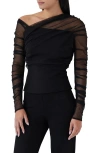 Marcella Monroe One-shoulder Mesh Overlay Top In Black