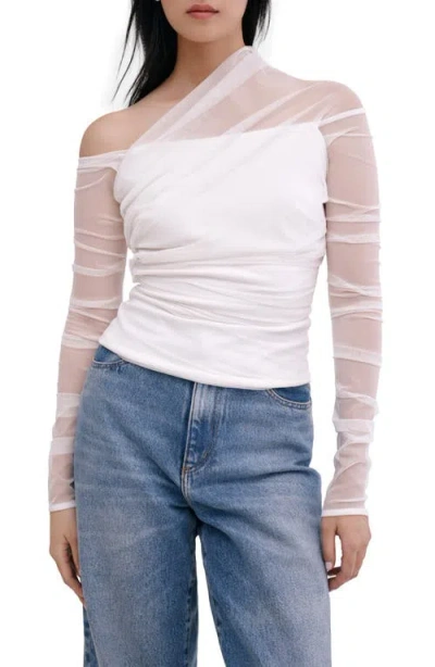 Marcella Monroe One-shoulder Mesh Overlay Top In Off White