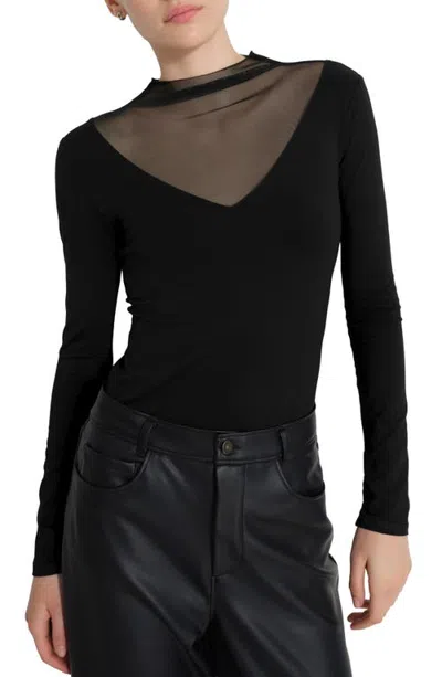 Marcella Saige Mesh Inset Long Sleeve Top In Black