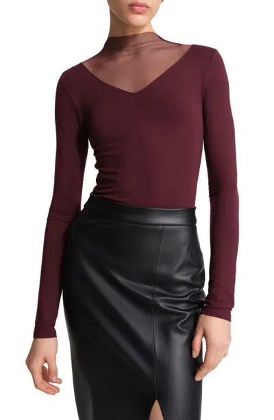 Marcella Saige Mesh Yoke Mock Neck Top In Burgundy