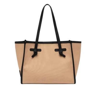 Marcella Structured Canvas Handbag With Contrasting Leather Accents In Brown