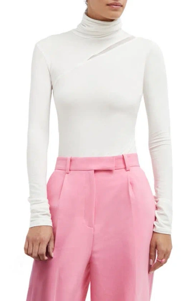 Marcella Vee Mesh Cutout Turtleneck Top In Off White