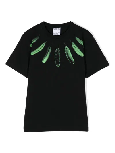 Marcelo Burlon County Of Milan Collar Feathers-print Cotton T-shirt In Schwarz