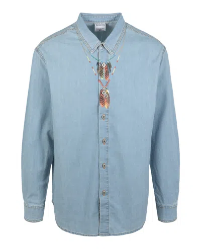 Marcelo Burlon County Of Milan Feather Necklace Denim Shirt In Blue