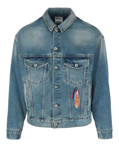 Marcelo Burlon County Of Milan Feathers Vintage Wash Denim Jacket In Orange