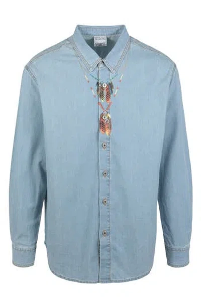 Marcelo Burlon County Of Milan Marcelo Burlon Feather Necklace Cotton Denim Button-up Shirt In Blue