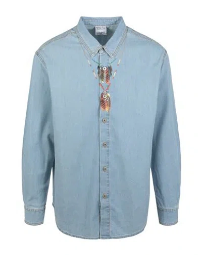 MARCELO BURLON COUNTY OF MILAN MARCELO BURLON FEATHER NECKLACE DENIM SHIRT MAN DENIM SHIRT BLUE SIZE XL COTTON