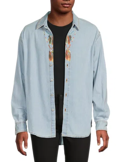 MARCELO BURLON COUNTY OF MILAN MEN'S FEATHER PRINT DENIM SHIRT