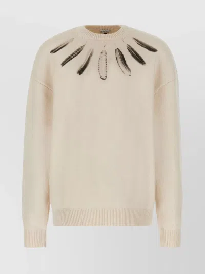 Marcelo Burlon County Of Milan Sand Cotton Sweater Feather Print In Neutrals