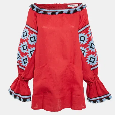 Pre-owned March Ii March 11 Red Tribal Motif Embroidered Linen Mini Dress Xs