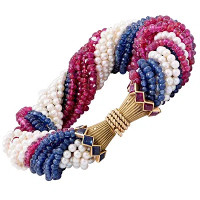 Pre-owned Marchak Paris Sapphire Ruby Pearl Gold Torsade Bracelet In Blue