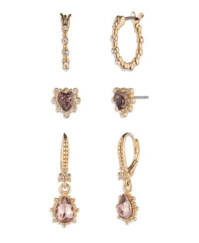 Marchesa 3-piece Glass Stone Gold-tone Heart Earrings Set