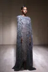 MARCHESA BEADED FEATHERED GOWN WITH FLOOR-LENGTH CAPE