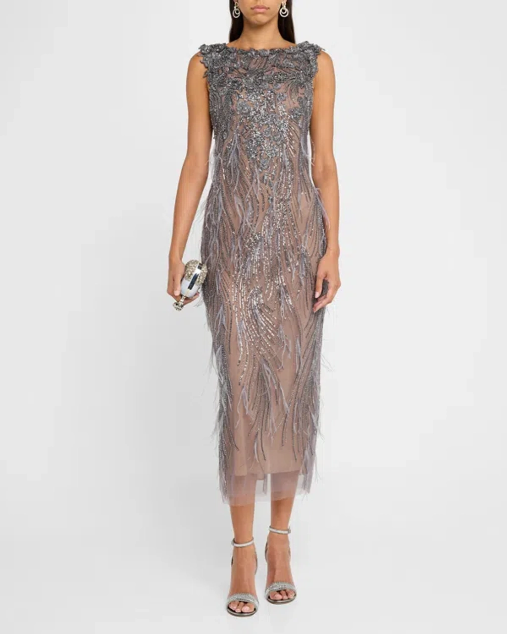 Marchesa Beaded Ostrich-feather Embroidered Cocktail Dress In Multi