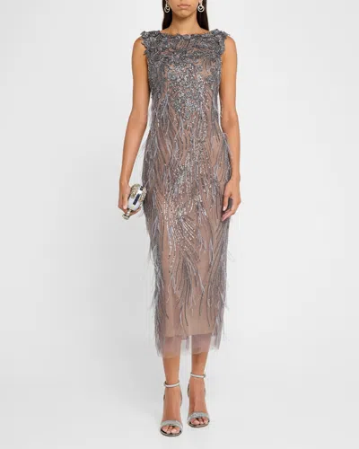 Marchesa Beaded Ostrich-feather Embroidered Cocktail Dress In Multi