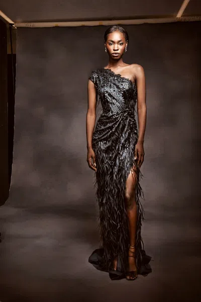 Marchesa Beaded Ostrich Feather Slit Gown In Multi | ModeSens