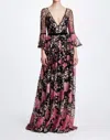 MARCHESA BELL SLEEVE V NECK FLORAL GOWN IN BLACK