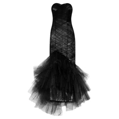 Pre-owned Marchesa Black Sequined Silk And Tulle Dress Gown