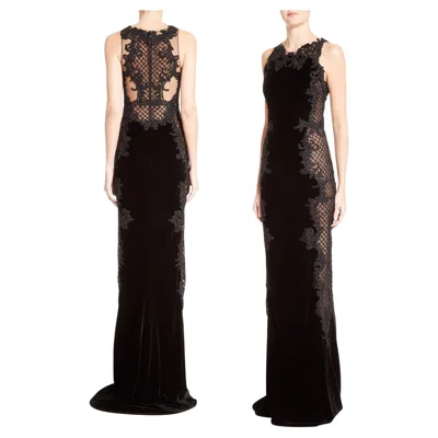 Pre-owned Marchesa Black Velvet Baroque Scroll Beaded Embroidered Tulle Column Dress Gown