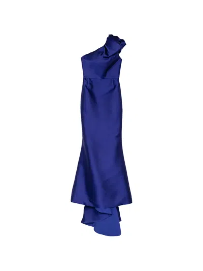 Marchesa Bow-detail Asymmetric Gown In Blue