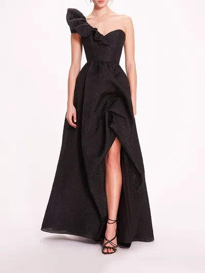 Marchesa Cloque Draped Gown In Black