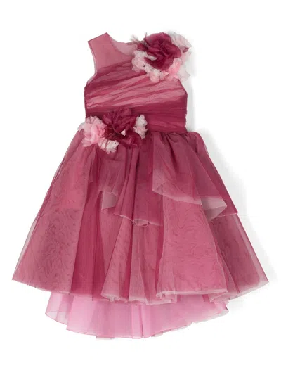 Marchesa Couture Kids' Floral-appliqué Gathered Silk Dress In Pink