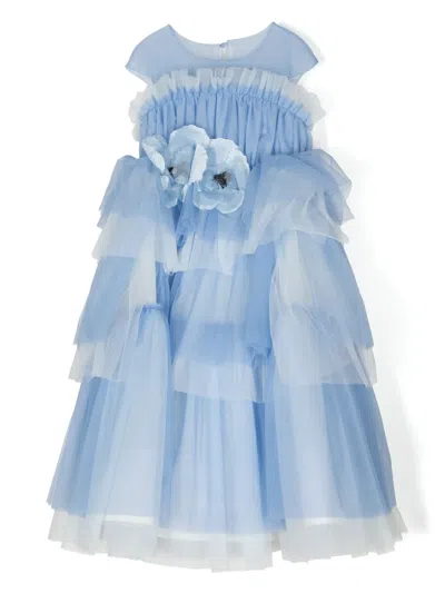 Marchesa Couture Kids' Floral-appliqué Ruffled Dress In Blue