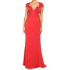 Marchesa Crepe Flare Embellished Lace Illusion Dress In Red In Red