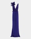 Marchesa V-neckline Applique Slit Gown In Violet