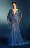Marchesa Embellished Pleated Tulle Gown In Blue