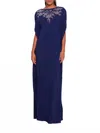 Marchesa Embroidered Cape Kaftan In Navy In Blue