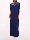 Marchesa Embroidered Crepe Kaftan In Navy