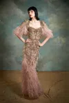 MARCHESA EMBROIDERED FEATHER GOWN WITH CAPE