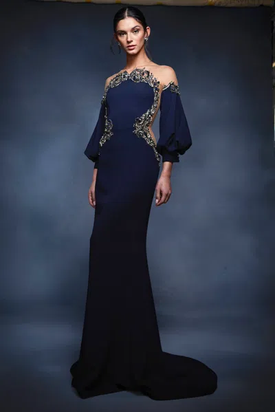 sachin and babi light blue dress Marchesa Notte Floral Embroidered Strapless Gown main image 0