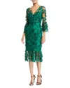 Marchesa Embroidered Tea Length Fit Flare Flower Dress In Green In Green